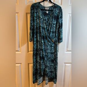 Chaps Teal Patterned Long Sleeve Dress